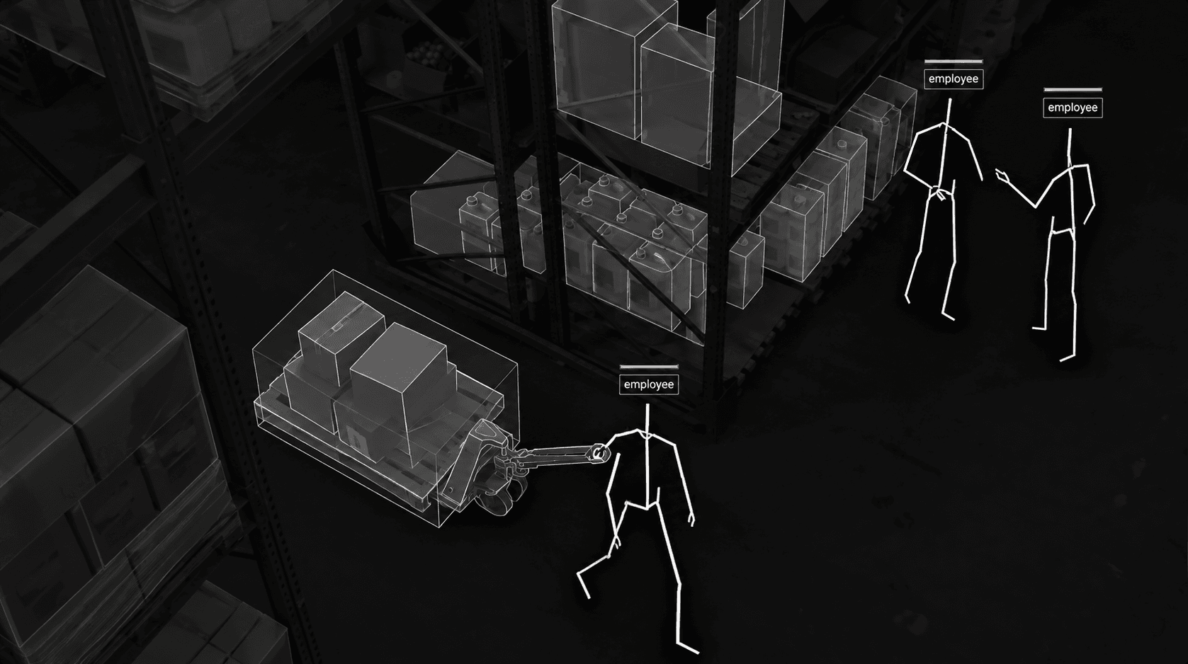AI visualization showing skeletal outlines and object hitboxes, including the pallet jack